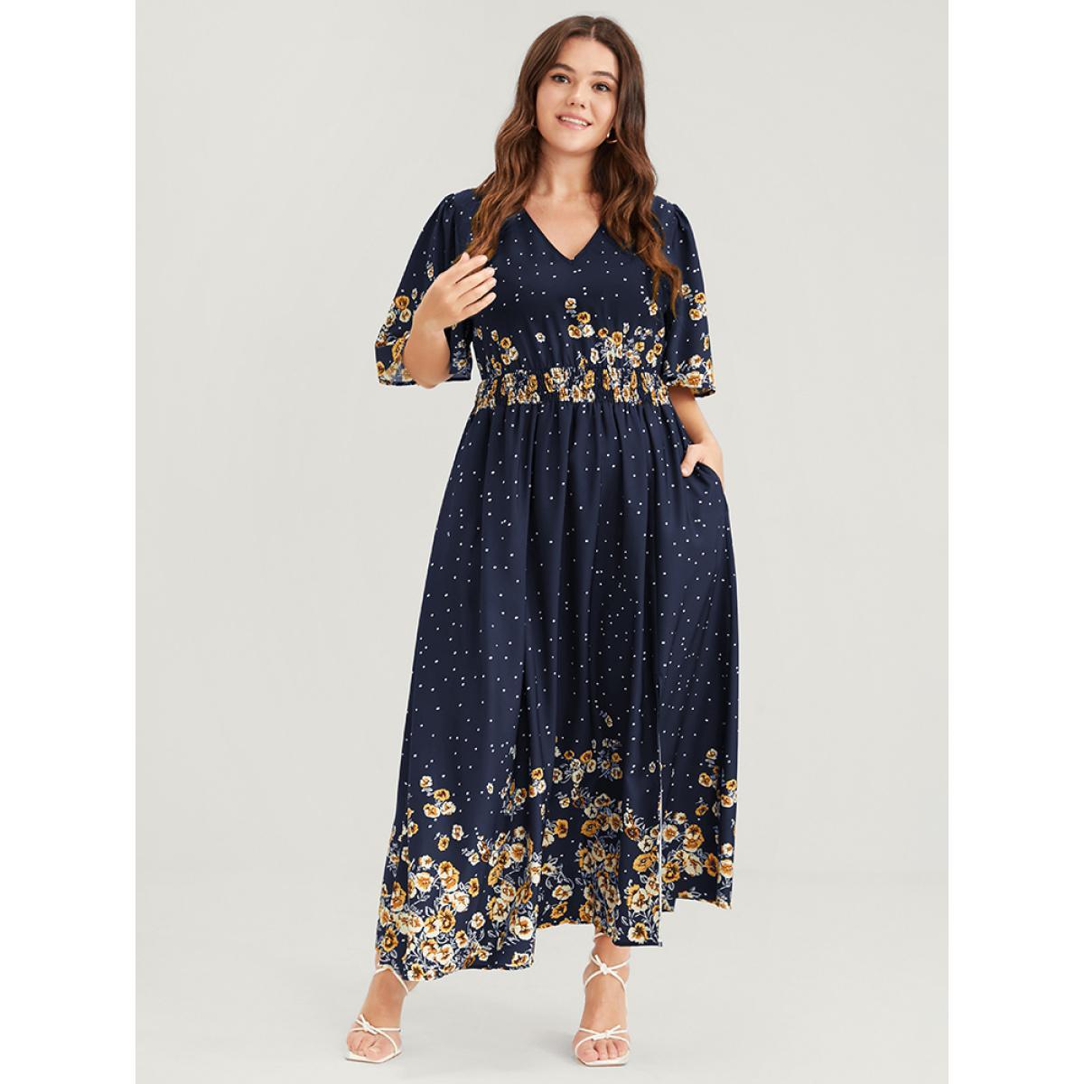 Plus Size Floral Pocket Split Hem Flutter Shirred Maxi Dress Navy Women Casual Printed V-neck Half Sleeve Curvy Midi Dress BloomChic 30/6X Product Image