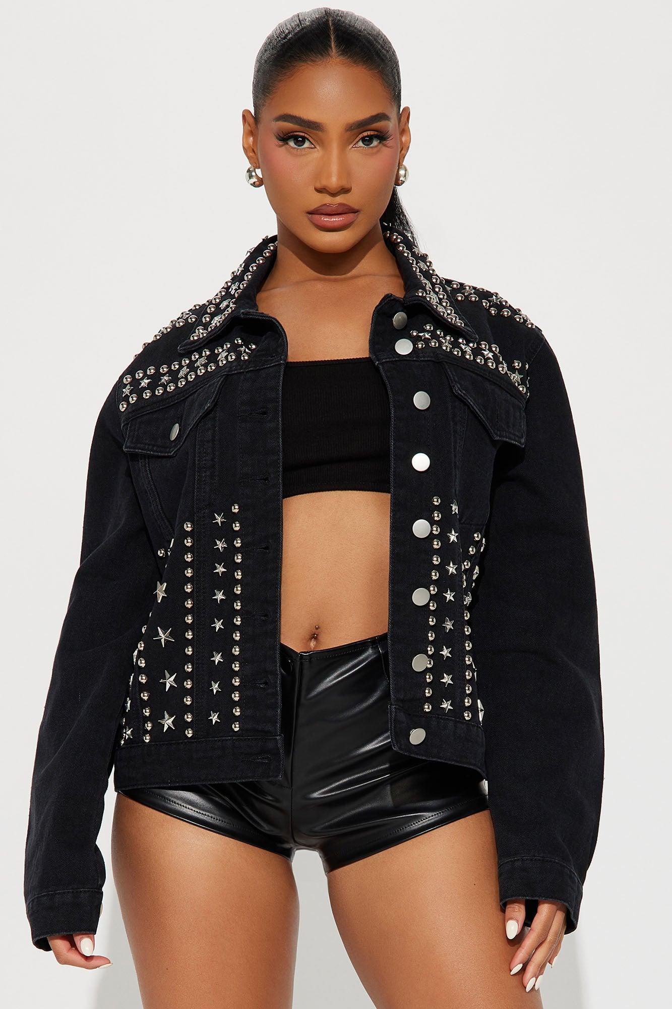 Star Studded Event Embellished Trucker Jacket - Black Product Image