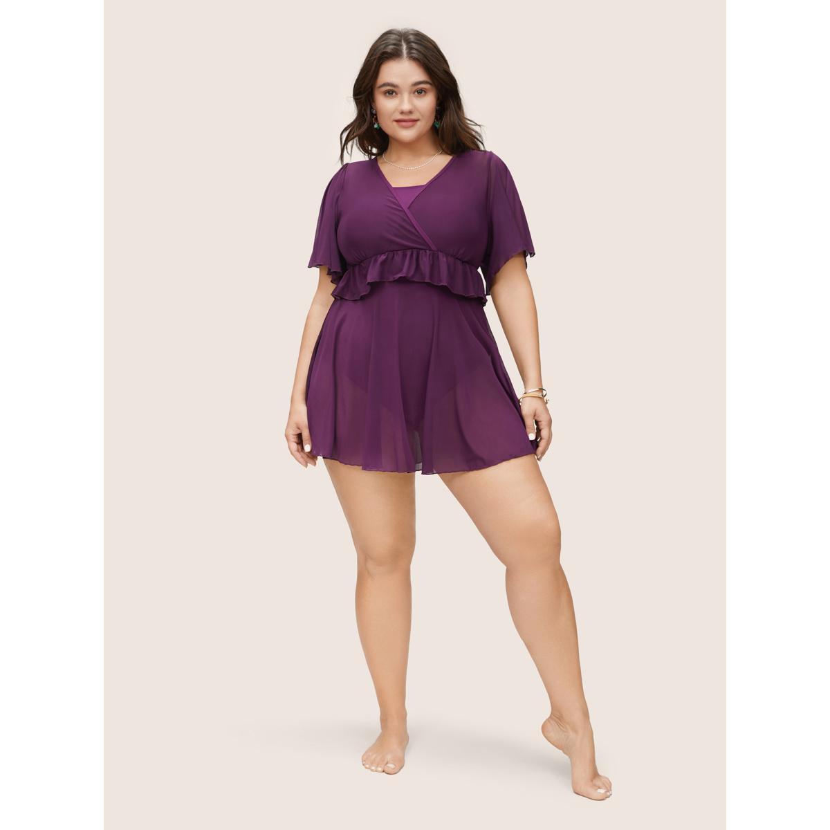 Plus Size Layered Ruffle Trim Mesh Swim Dress Women's Swimwear Eggplant Beach Skinny V-neck High stretch Curve Swim Dresses BloomChic 10/M Product Image
