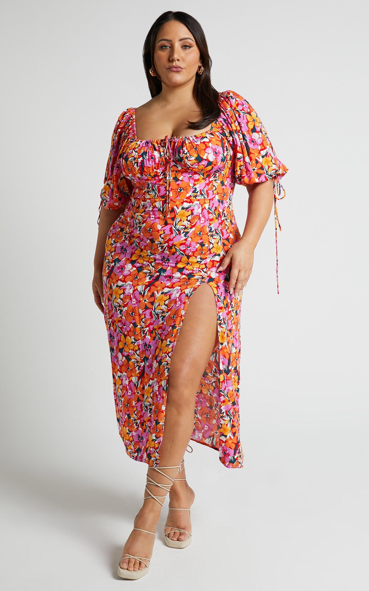 Rosario Midi Dress - Ruched Bust Puff Sleeve Dress in Spring Floral Product Image