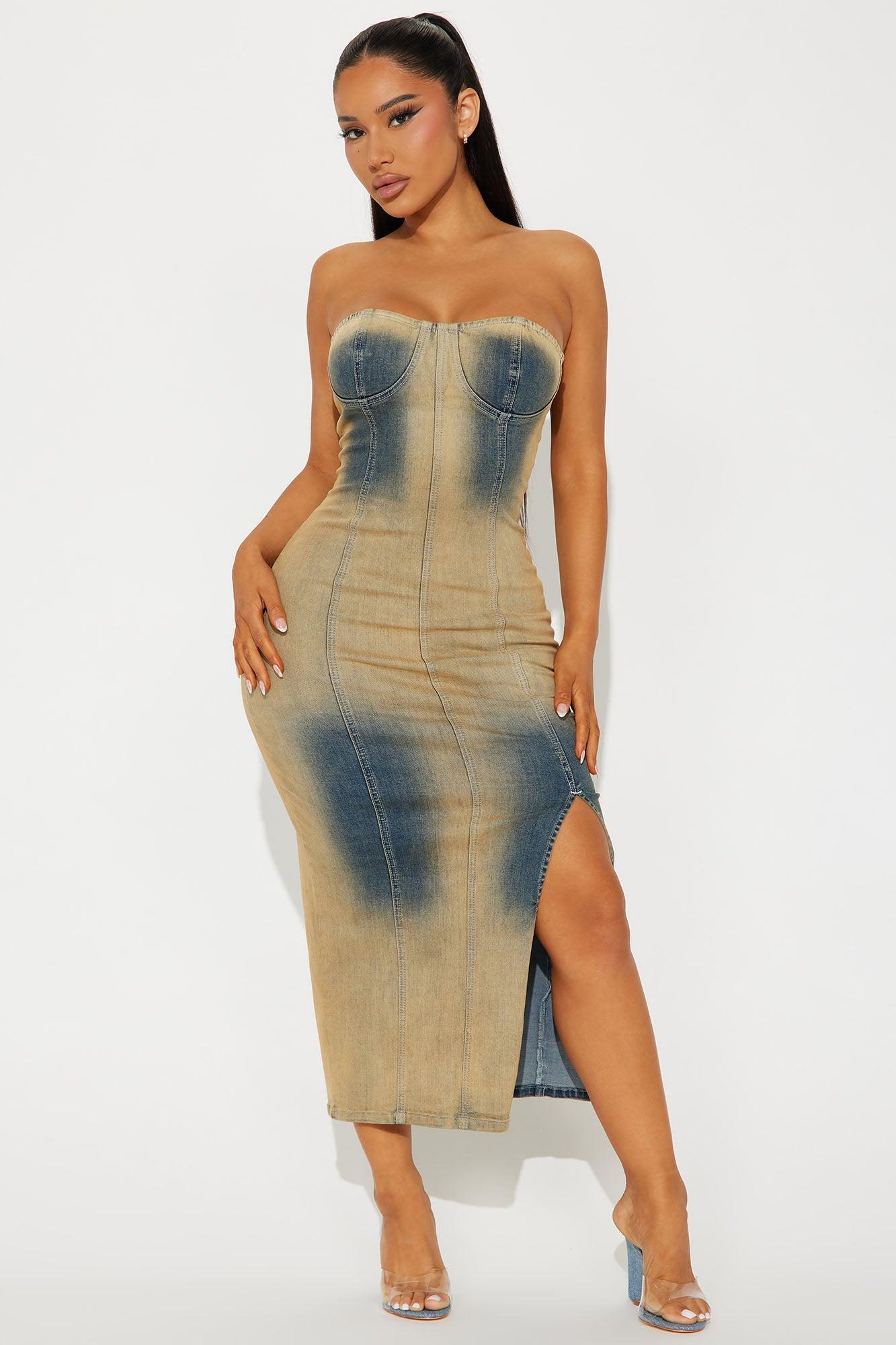 Strut Denim Midi Dress -Tan Product Image