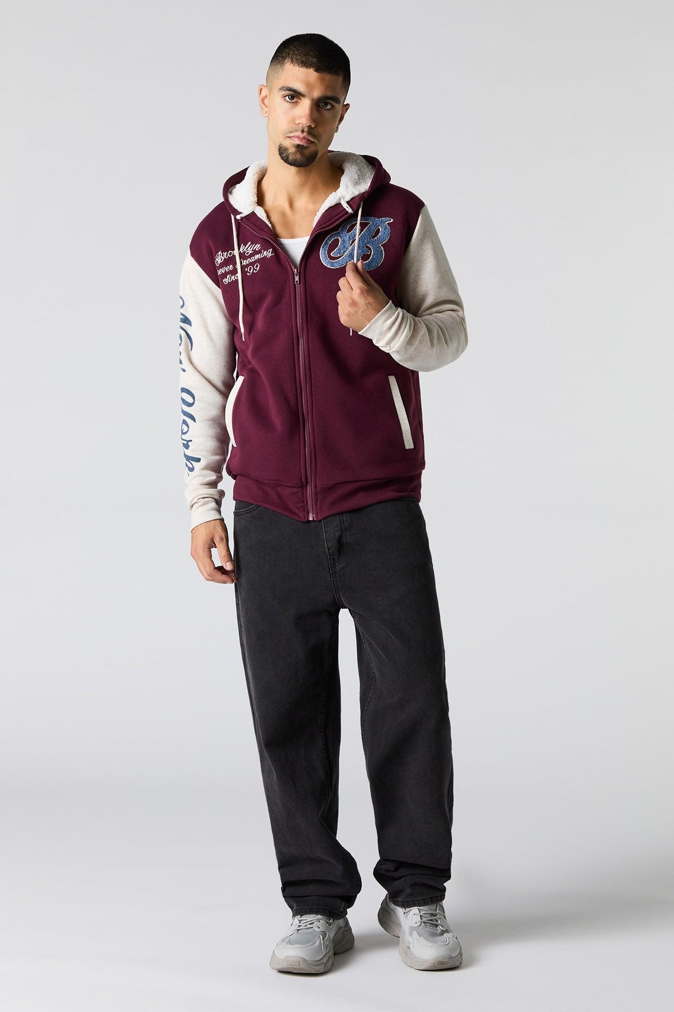 Chenille Embroidered Faux Fur Lined Zip-Up Hoodie Male Product Image