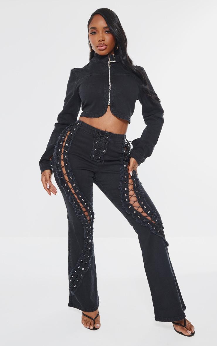 Shape Black Denim Lace Up Back Long Sleeve Jacket Product Image