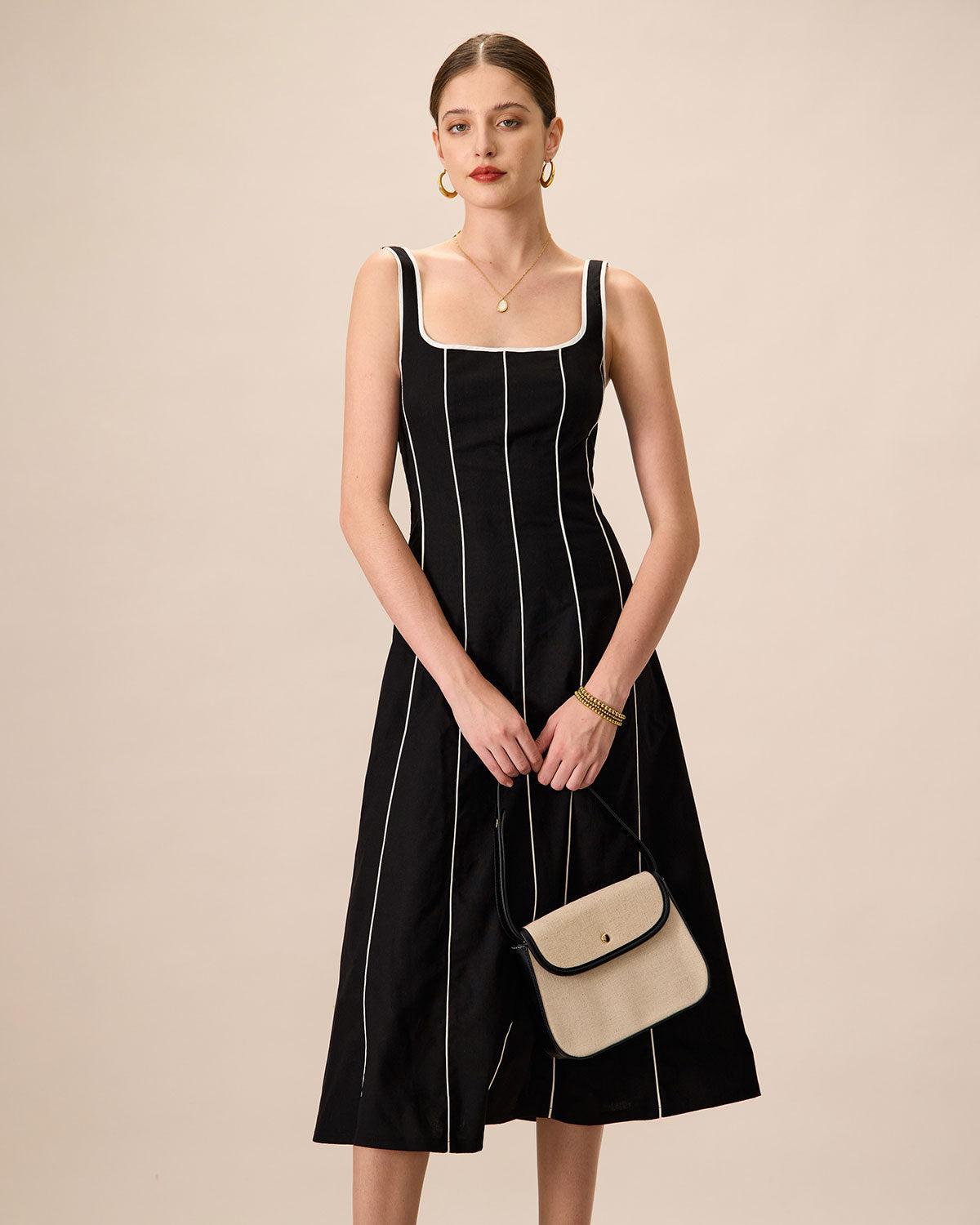 The Black Square Neck Contrast Midi Dress Product Image