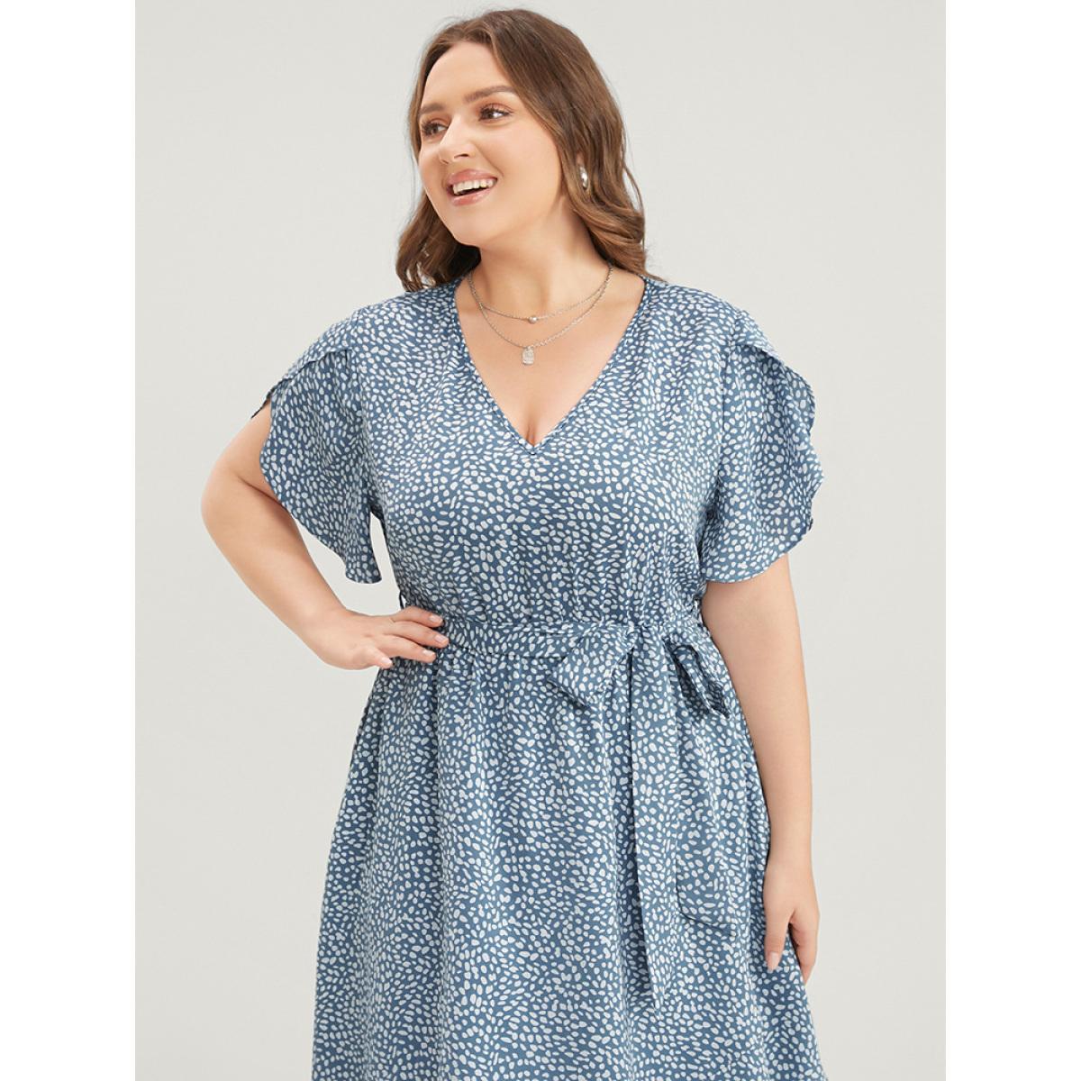 Plus Size Polka Dot Split Sleeve Ruffle Pocket Belted Asymmetrical Hem Dress LightBlue Women Elegant Cross straps V-neck Short sleeve Curvy Midi Dress BloomChic 14-16/1X Product Image