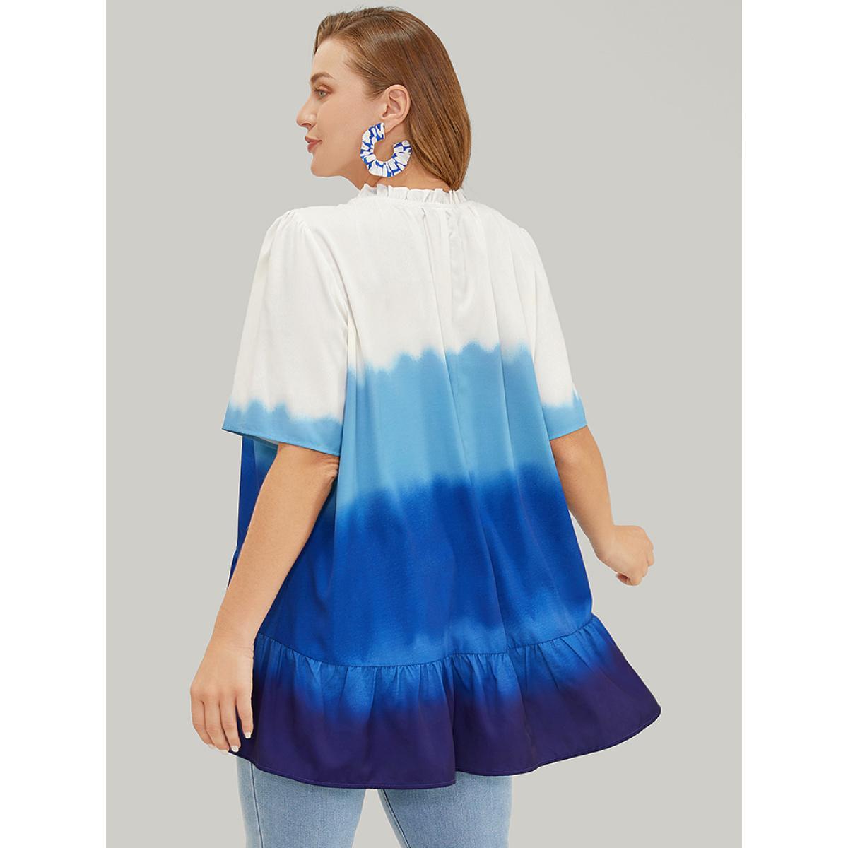 Plus Size Cerulean Tie Dye Frill Trim Mock Neck Ruffle Asymmetrical Hem Blouse Women Vacation Half Sleeve Mock Neck Dailywear Blouses BloomChic 30/6X Product Image