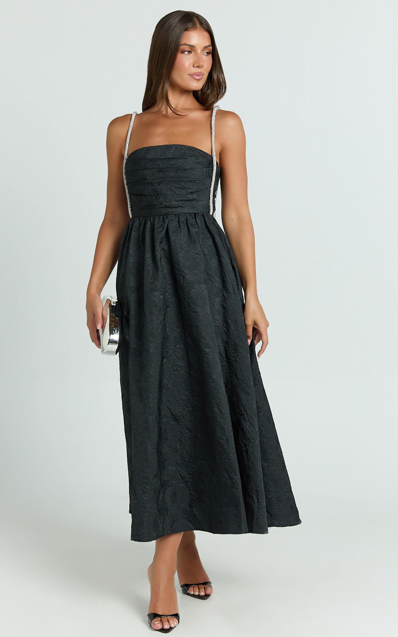 Alvia Midi Dress - Diamante Strap Ruched Straight Neck Dress in Black Product Image