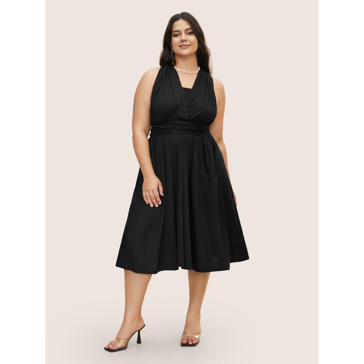 Plus Size Everywhere Dress - Monochromatic V Neck Wrap Dress Black Women Elegant V-neck Sleeveless Curvy BloomChic 22-24/3X Product Image