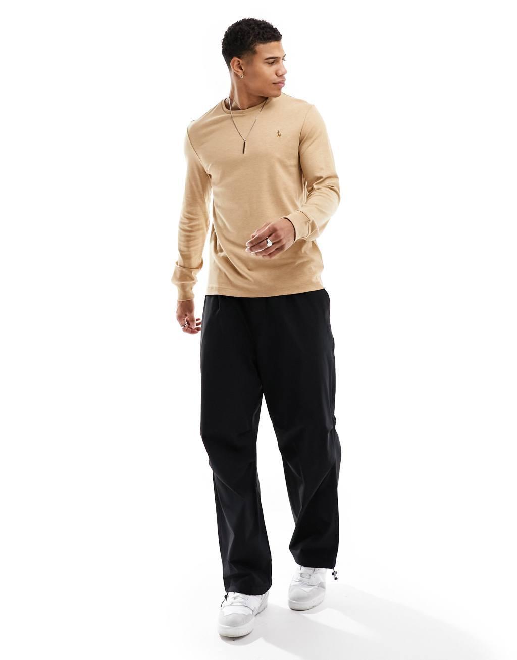 Polo Ralph Lauren multi icon logo pima cotton long sleeve top custom fit in camel heather Product Image