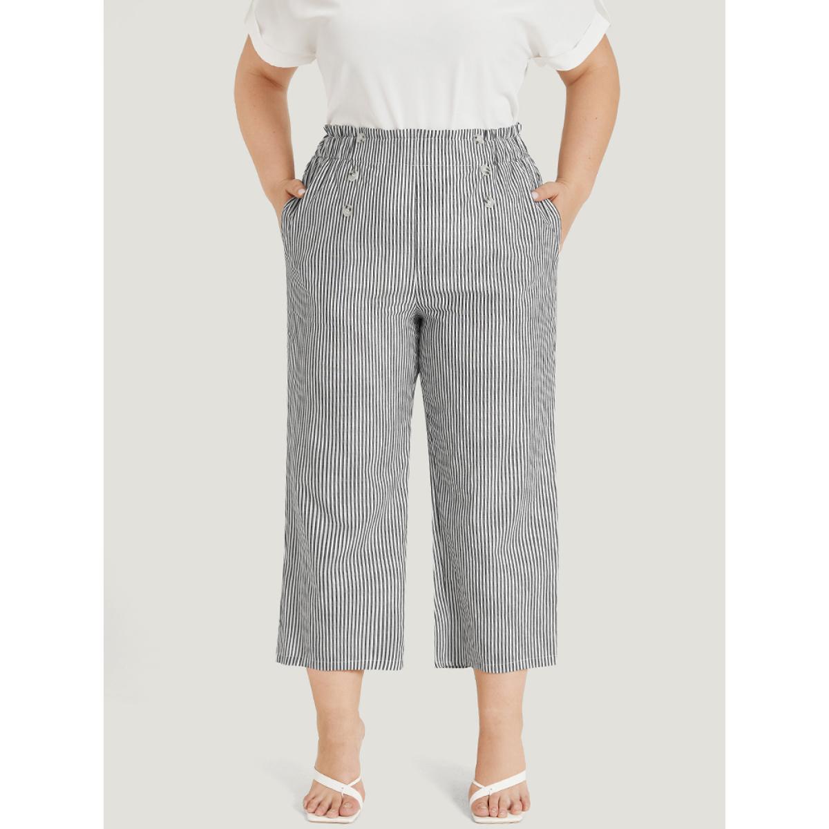 Plus Size Striped Pocket Button Detail Paperbag Waist Pants Women Black Office Straight Leg High Rise Work Pants BloomChic 18-20/2X Product Image