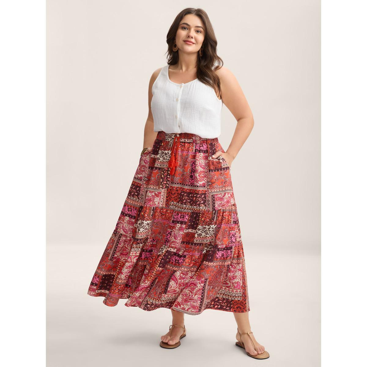 Plus Size Geometric Collage Waist-Tie Maxi Skirt Women Brightorange Resort Loose No stretch Side seam pocket Vacation Skirts BloomChic 28/5X Product Image