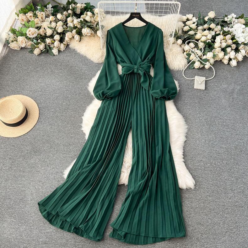 Puff-Sleeve V-Neck Plain Tie Waist Pleated Hem Wide Leg Jumpsuit Product Image