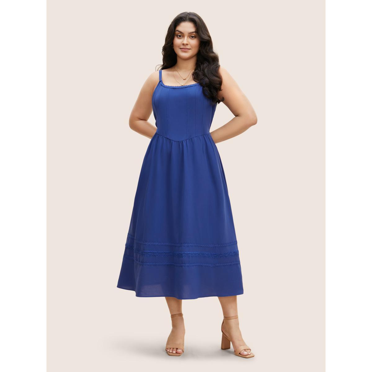 Plus Size Plain Guipure Lace Cami Midi Dress Mediumblue Women Elegant Woven ribbon&lace trim Square Neck Sleeveless Curvy BloomChic 30/6X Product Image