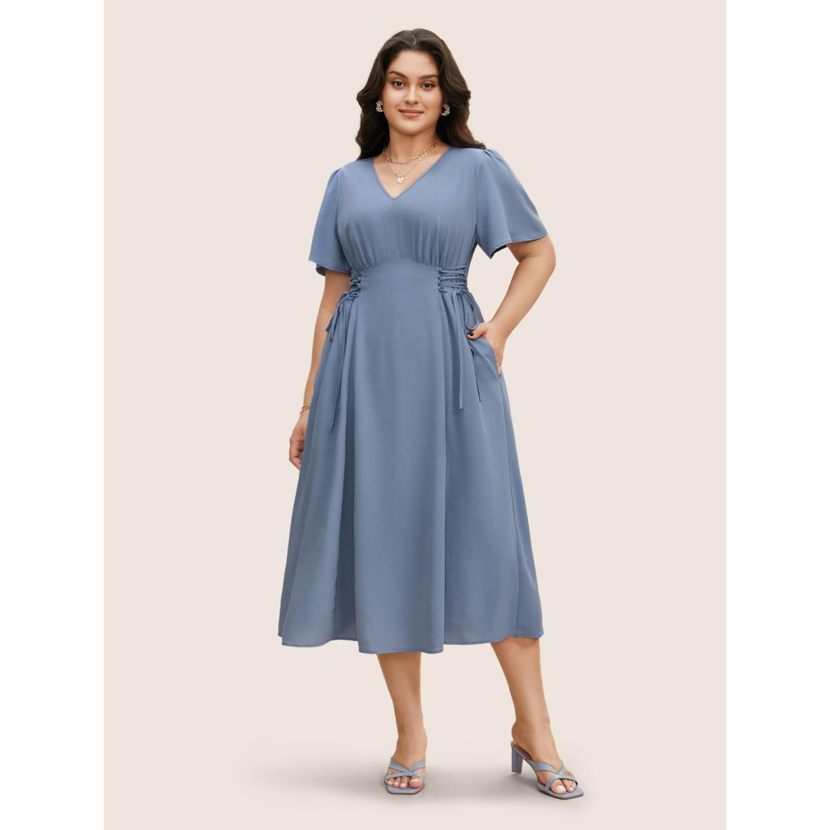 Plus Size V Neck Shirred Gathered Lace Up Dress Stone Women Elegant Wraparound straps V-neck Short sleeve Curvy BloomChic 14-16/1X Product Image