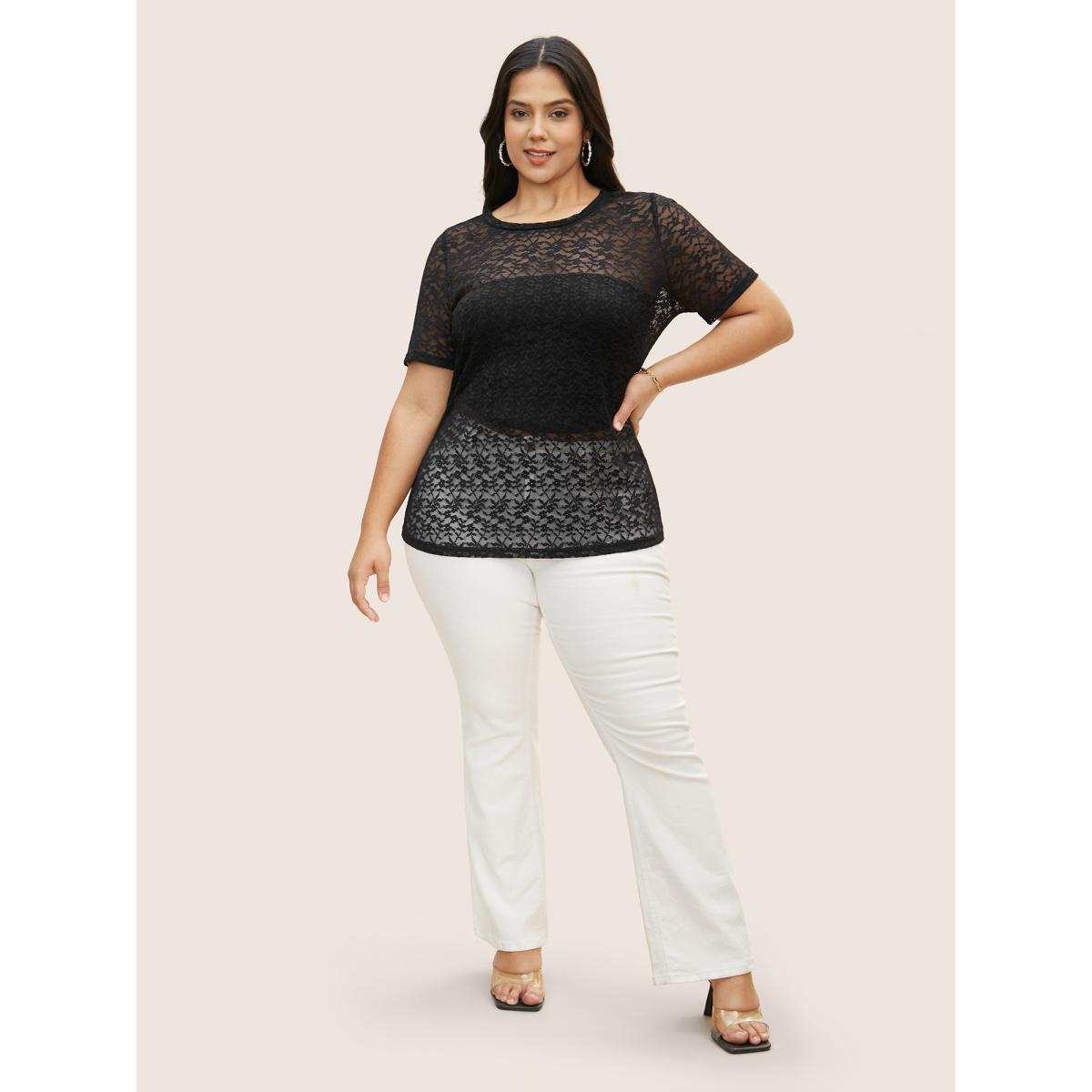 Plus Size Crochet Lace Mesh Crew Neck T-shirt Black Women Elegant See through Round Neck Bodycon Everyday T-shirts BloomChic 28/5X Product Image