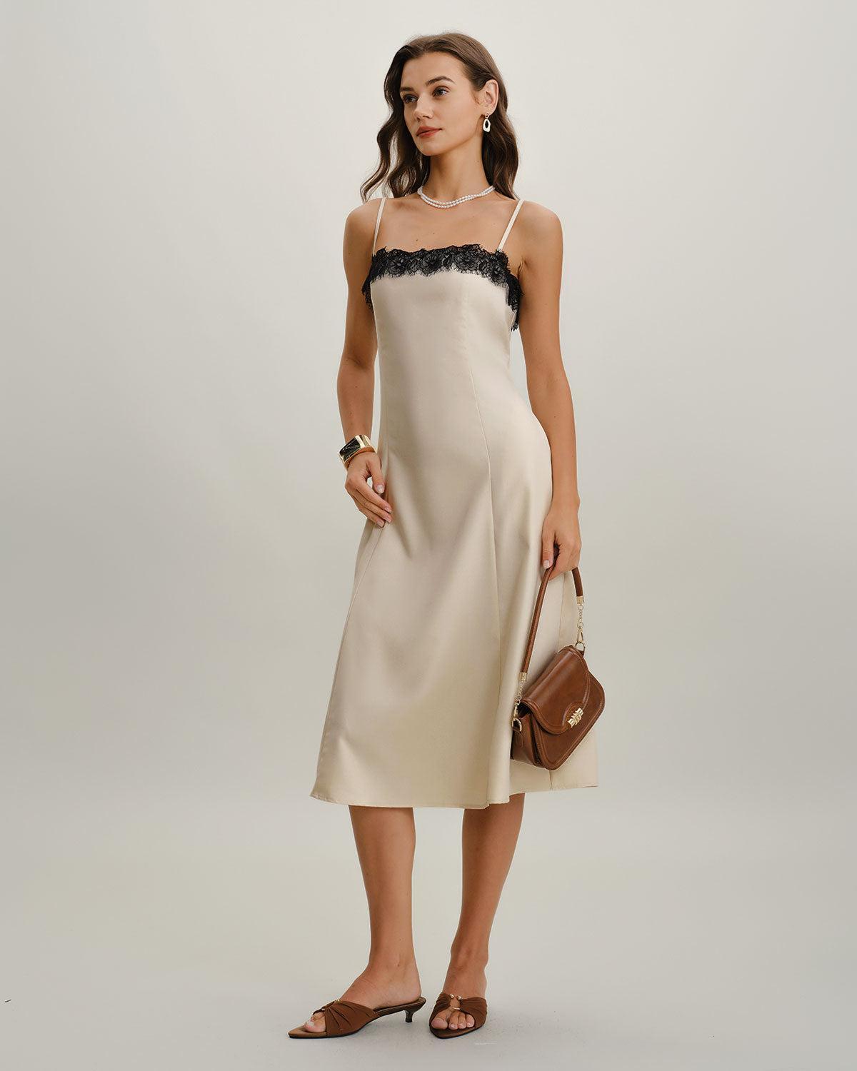White Lace Contrasting Slip Midi Dress Product Image