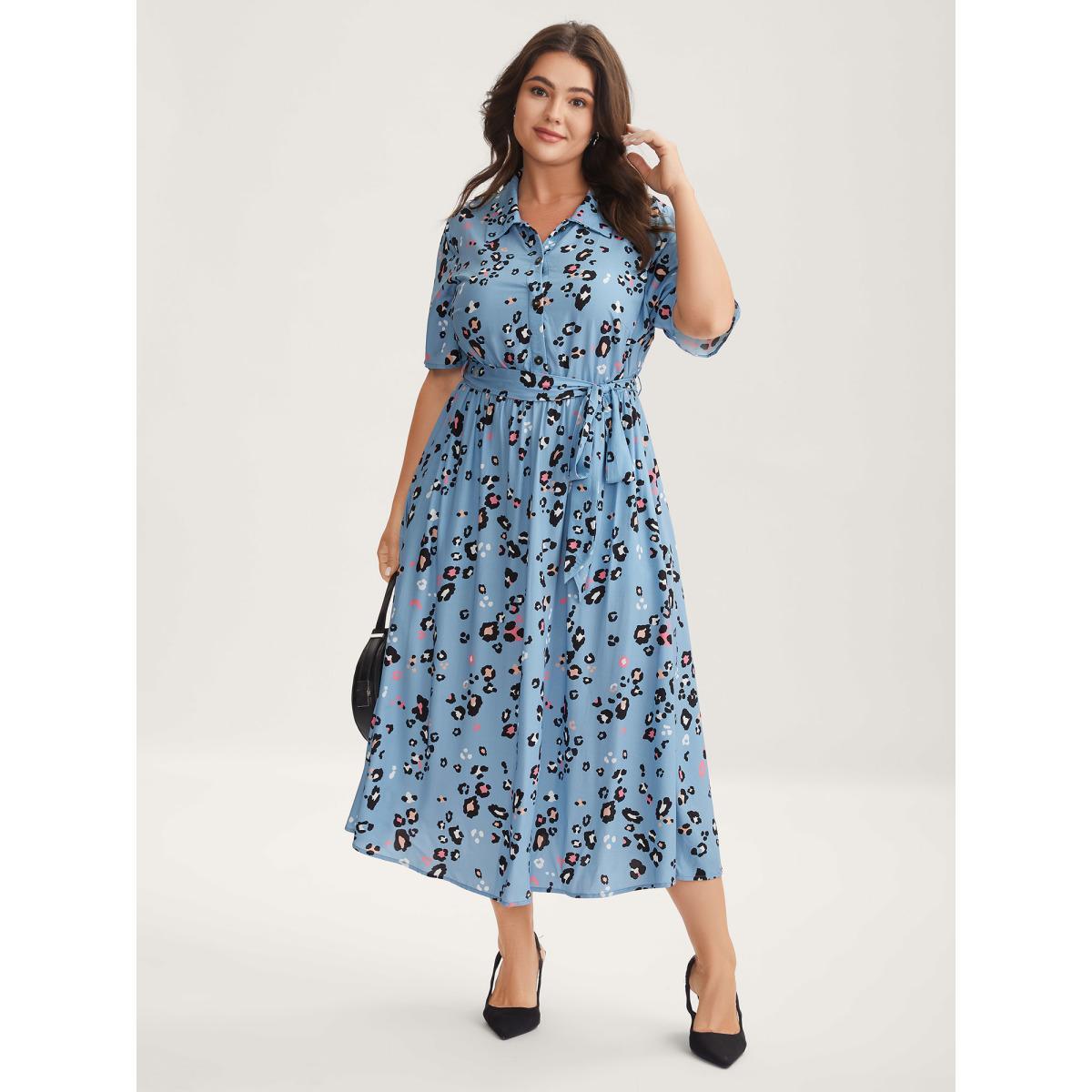 Plus Size Floral Print Collar Belted Midi Dress Stone Women Shirt collar Short sleeve Curvy BloomChic 22-24/3X Product Image