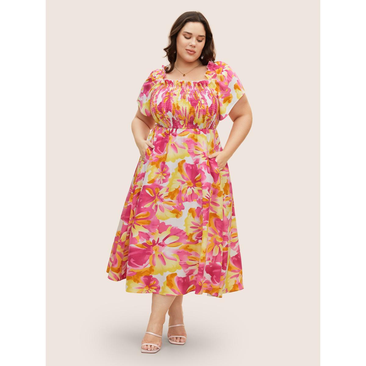Plus Size Floral Square Neck Shirred Frill Trim Midi Dress Peach Women Elegant Frill Trim Square Neck Short sleeve Curvy BloomChic 22-24/3X Product Image