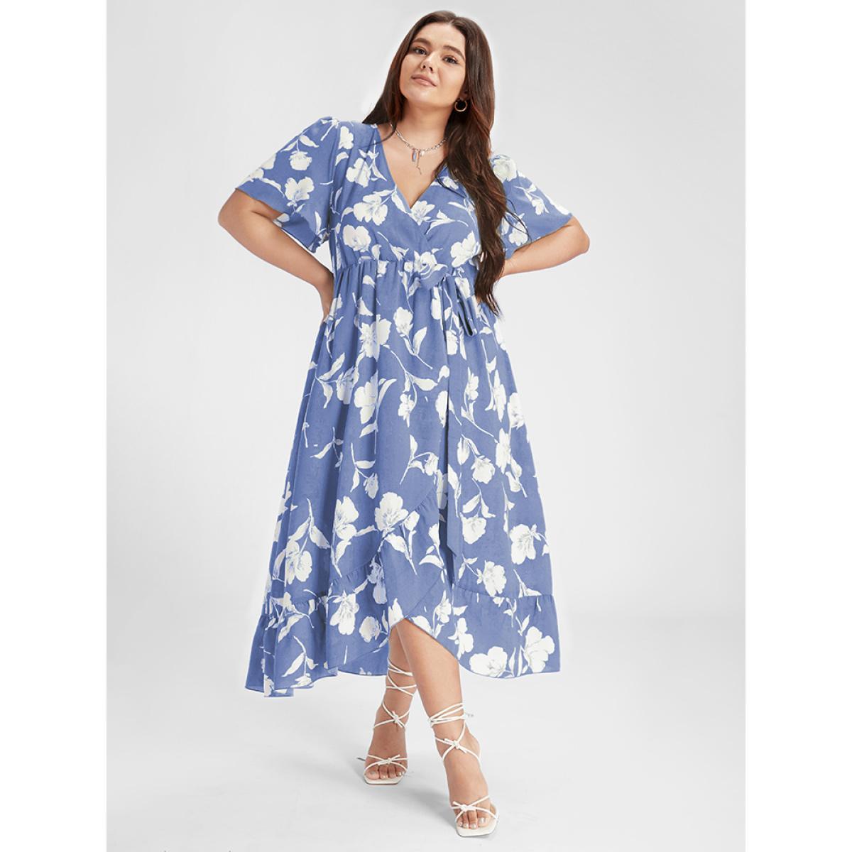 Plus Size Floral Ruffle Knot Side Wrap Dress LightBlue Women Elegant Ruffles V-neck Short sleeve Curvy Midi Dress BloomChic 30/6X Product Image