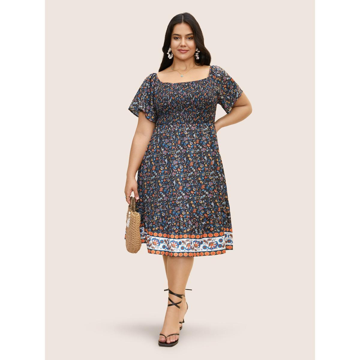 Plus Size Bandana Print Shirred Ruffle Sleeve Midi Dress Black Women Resort Shirred Square Neck Short sleeve Curvy BloomChic 14-16/1X Product Image