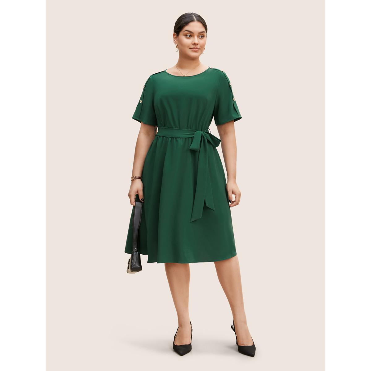 Plus Size Plain Textured Boat Neck Button Detail Knee Dress Emerald Women Work From Home Belted Boat Neck Short sleeve Curvy BloomChic 14-16/1X Product Image