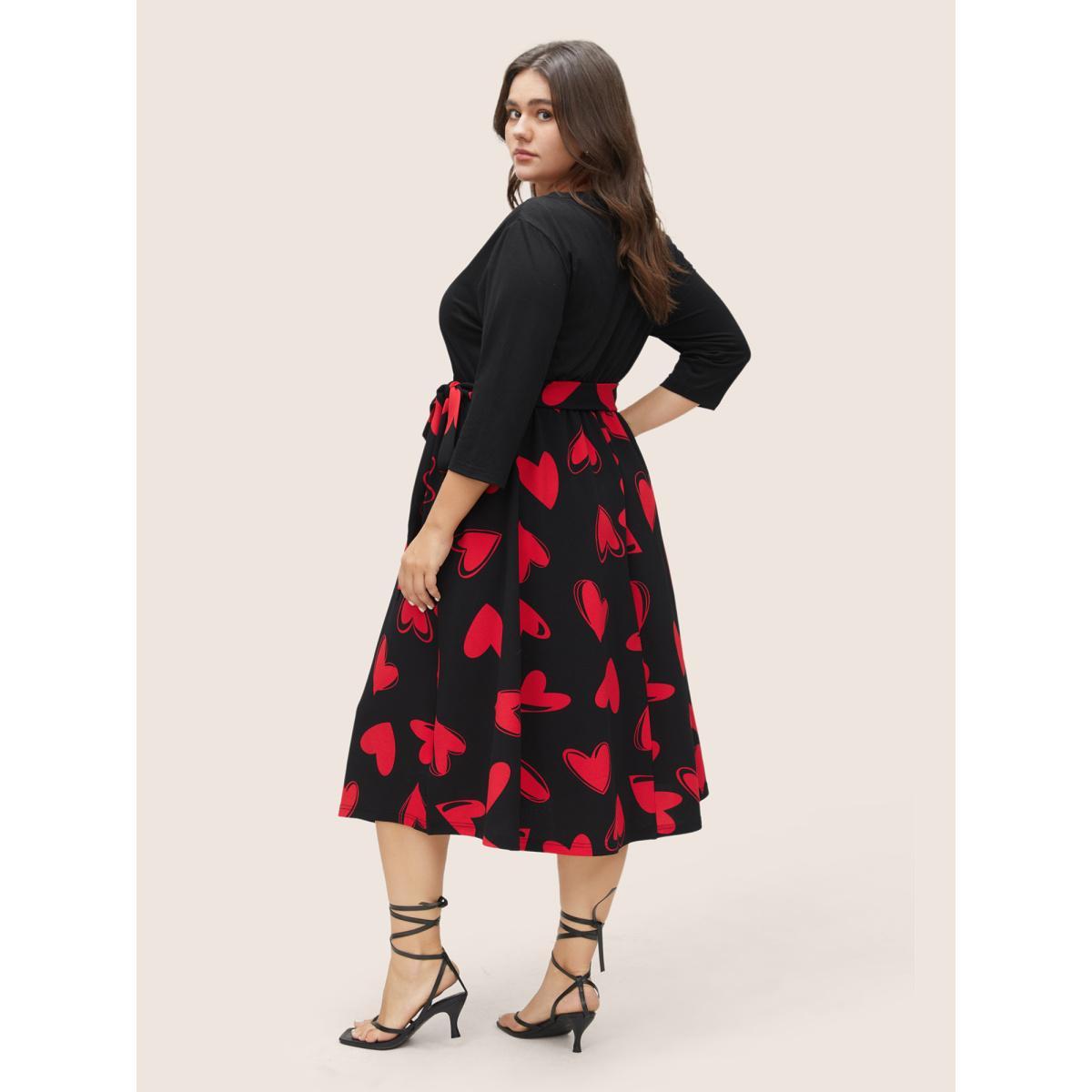 Plus Size Heart Print Notched Belted Patchwork Dress Black Women Elegant Non Notched collar Elbow-length sleeve Curvy Midi Dress BloomChic 30/6X Product Image