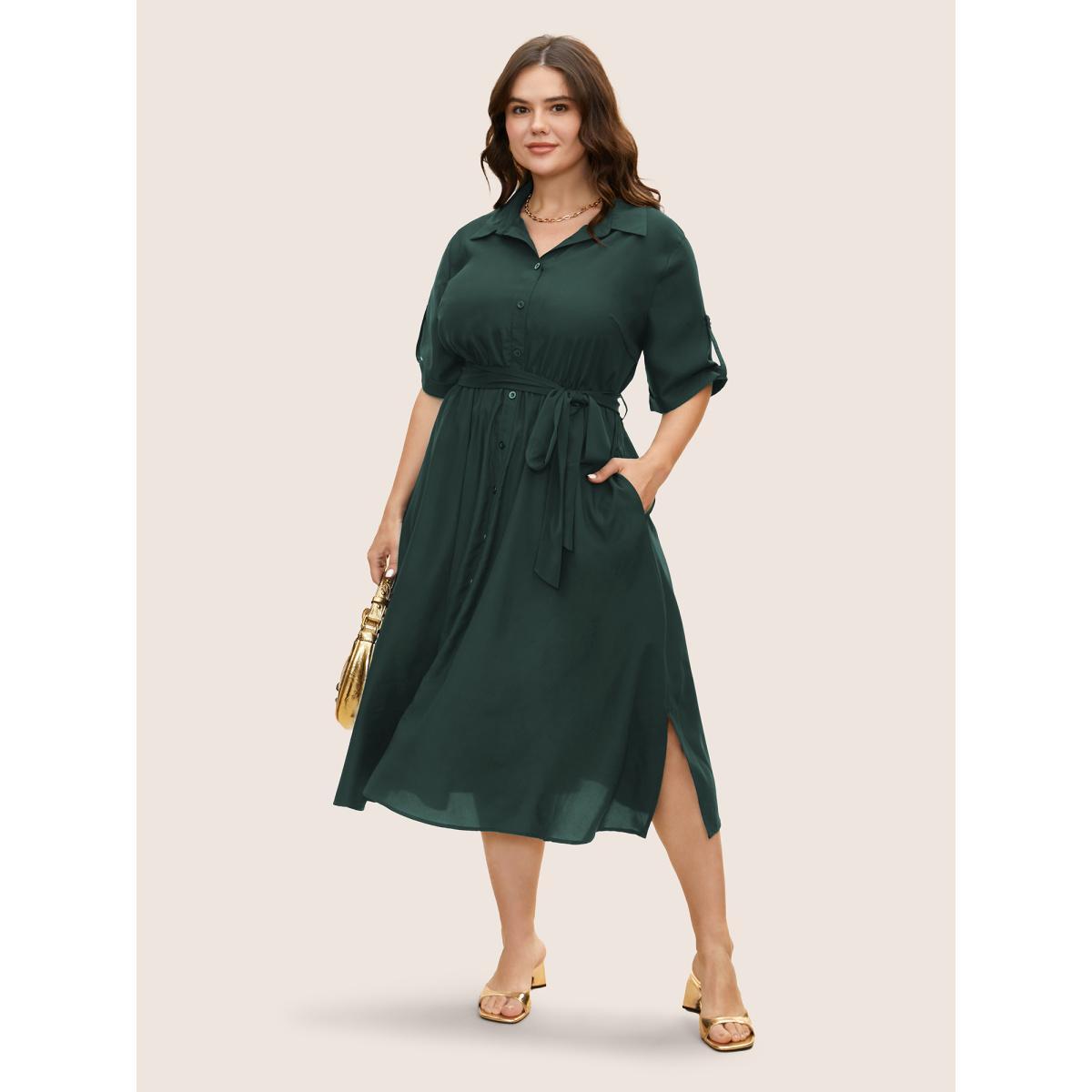 Plus Size Shirt Collar Tab Sleeve Split Hem Dress Cyan Women At the Office Belted Shirt collar Half Sleeve Curvy BloomChic 30/6X Product Image