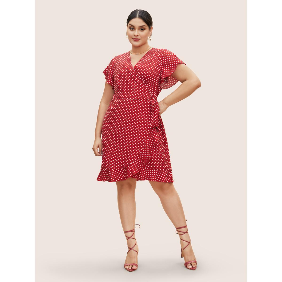 Plus Size Polka Dot Wrap Ruffle Sleeve Tie Knot Dress Crimson Women Workwear Essentials Tie knot Overlap Collar Short sleeve Curvy BloomChic 12/L Product Image