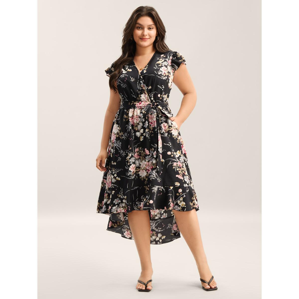 Plus Size Midnight Blooms Wrap A-Line Midi Dress Black Women Overlap Collar Cap Sleeve Curvy BloomChic 22-24/3X Product Image