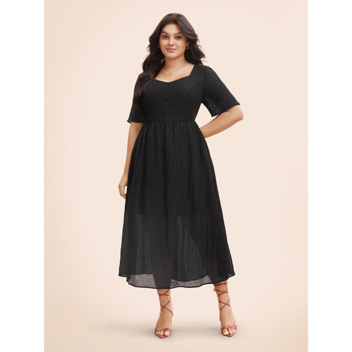 Plus Size Plain Textured Button Detail Maxi Dress Black Women Elegant Texture Heart neckline Half Sleeve Curvy BloomChic 12/L Product Image