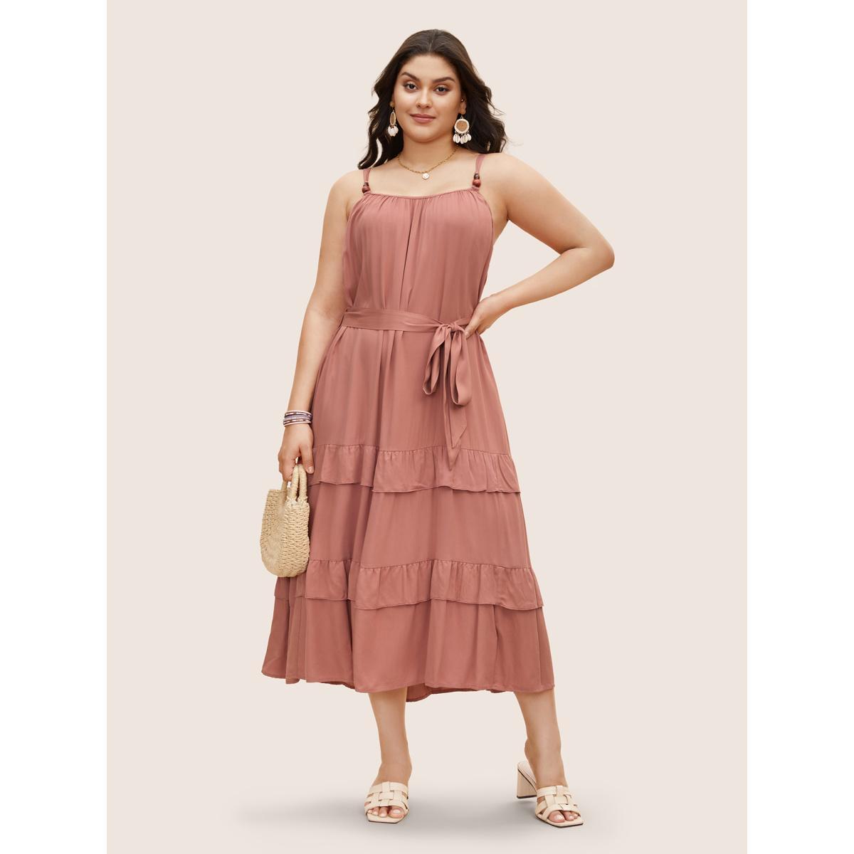 Plus Size Solid Ruffle Layered Hem Cami Dress DustyPink Women Resort Gathered Non Sleeveless Curvy BloomChic 22-24/3X Product Image