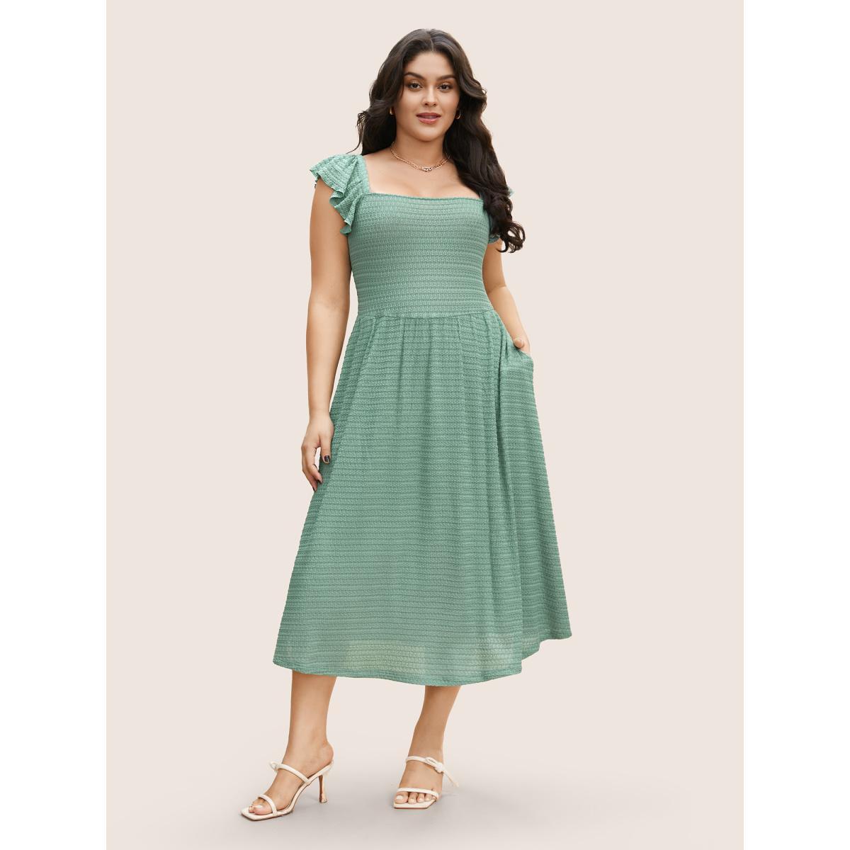 Plus Size Plain Textured Ruffle Cap Sleeve Midi Dress Palemauve Women Elegant Ruffles Square Neck Cap Sleeve Curvy BloomChic 30/6X Product Image