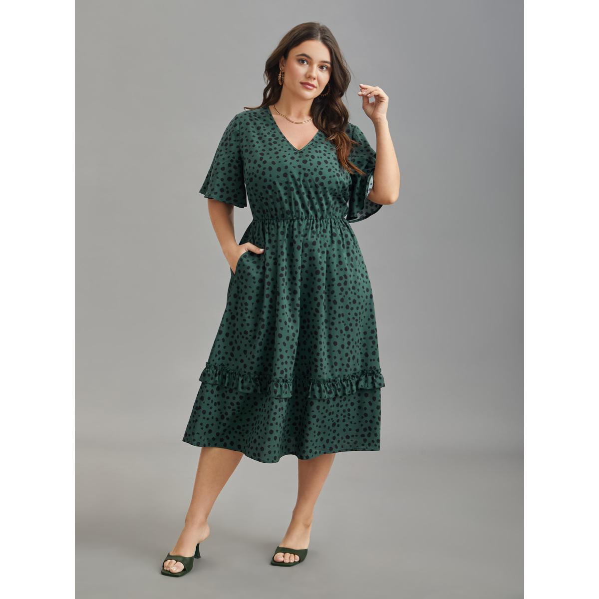 Plus Size Paint-Splatter Waist-Cinched Tiered Midi Dress Truegreen Women Elegant Frill Trim V-neck Short sleeve Curvy BloomChic 14-16/1X Product Image
