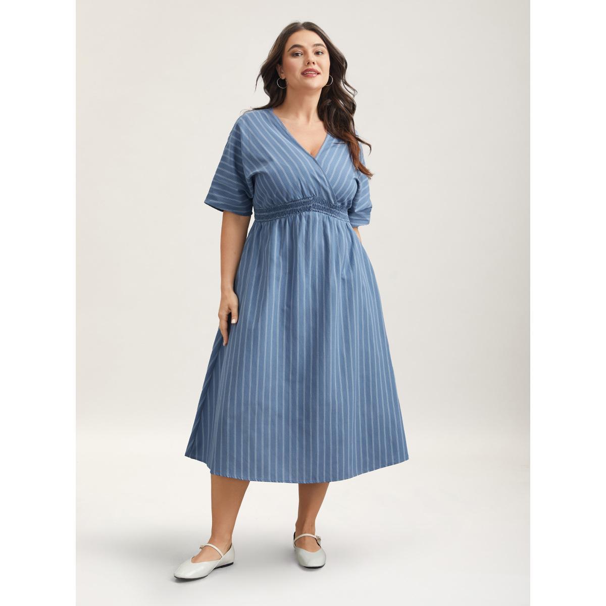 Plus Size Striped Surplice Neckline Shirred Midi Dress Stone Women Casual Shirred Overlap Collar Short sleeve Curvy BloomChic 14-16/1X Product Image