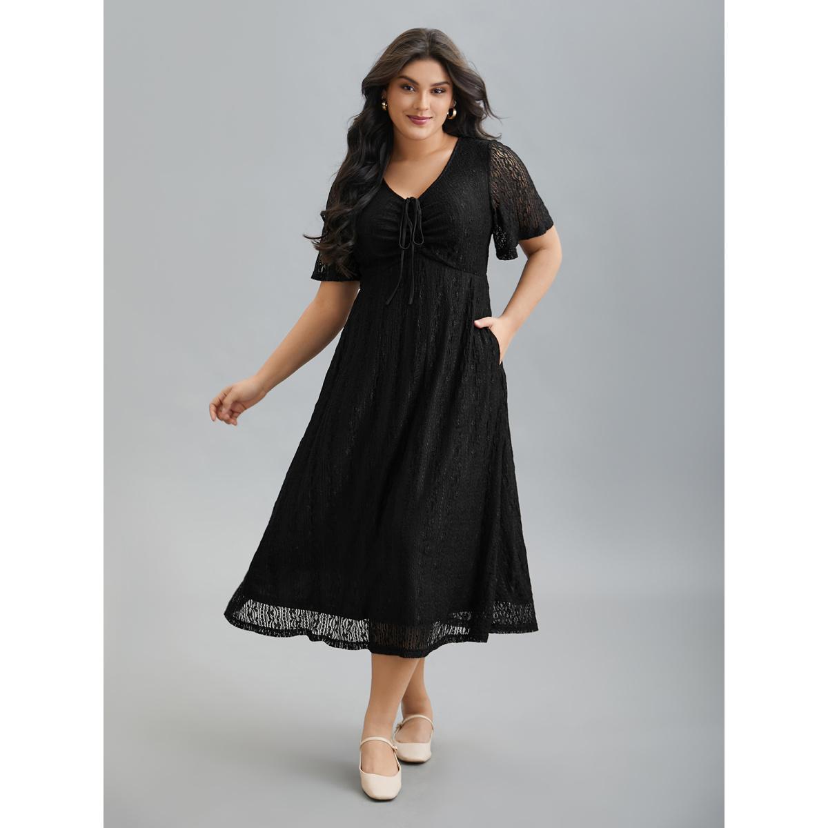 Plus Size Lace V-Neck Bow Drawstring Midi Dress Black Women Casual Tie knot Knit Dresses Bloomchic 30/6X Product Image