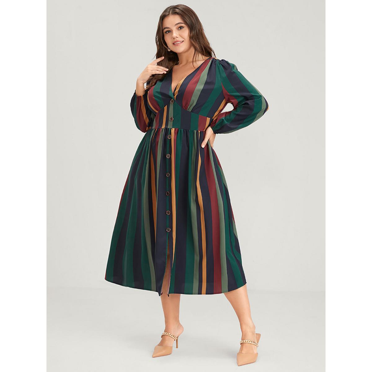 Plus Size Striped Lantern Sleeve Pocket Button Front Midi Dress Multicolor Women Vacation Printed V-neck Long Sleeve Curvy Midi Dress BloomChic 14-16/1X Product Image
