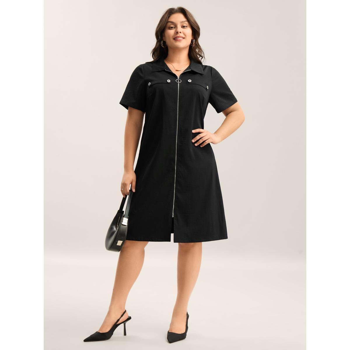 Plus Size Zipper Front Chest Flaps Shirt Dress Black Women Shirt collar Short sleeve Curvy BloomChic 22-24/3X Product Image