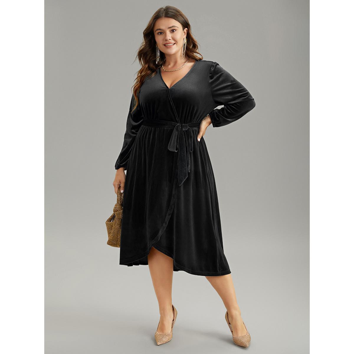 Plus Size Solid Velvet Belted Wrap Arc Hem Dress Deeppurplered Women Elegant Elastic cuffs Overlap Collar Long Sleeve Curvy Midi Dress BloomChic 30/6X Product Image