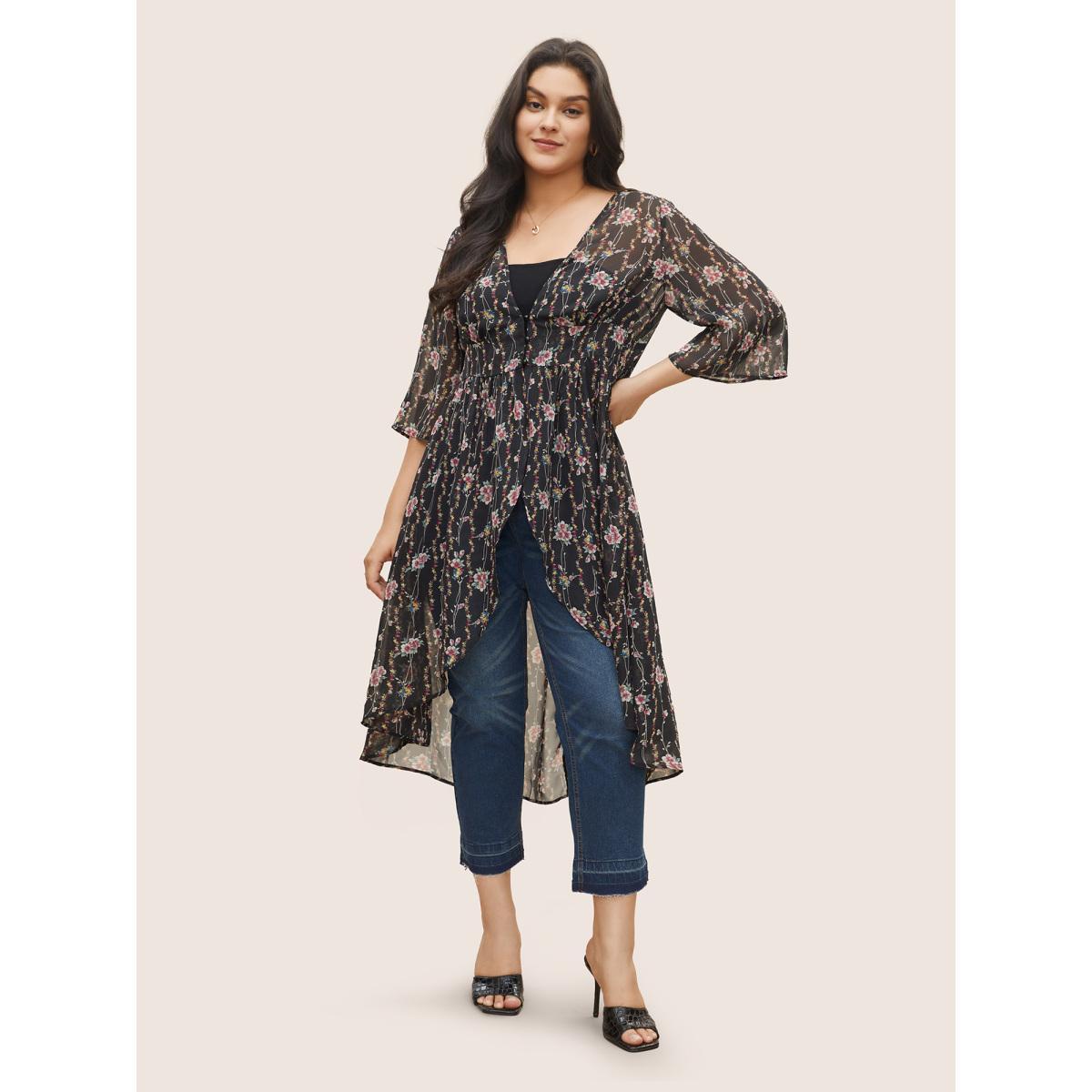 Plus Size Floral Mesh Bell Sleeve Curved Hem Kimono Women Black Elegant Asymmetrical Everyday Kimonos BloomChic 30/6X Product Image