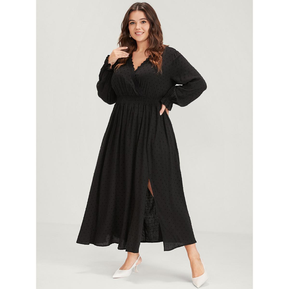Plus Size Polka Dot Pocket Lantern Sleeve Lace Trim Shirred Dress Black Women Elegant Cross straps V-neck Long Sleeve Curvy Long Dress BloomChic 10/M Product Image