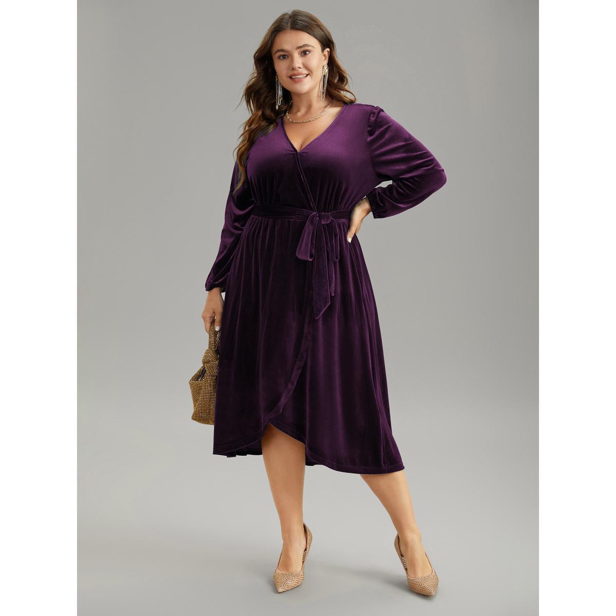 Plus Size Solid Velvet Belted Wrap Arc Hem Dress Deeppurplered Women Elegant Elastic cuffs Overlap Collar Long Sleeve Curvy Midi Dress BloomChic 30/6X Product Image