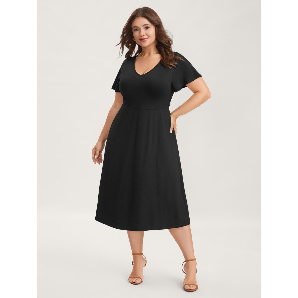 Plus Size Super Stretchy Back-Tie Pockets Midi Dress Black Women Knit Dresses Bloomchic 10/M Product Image