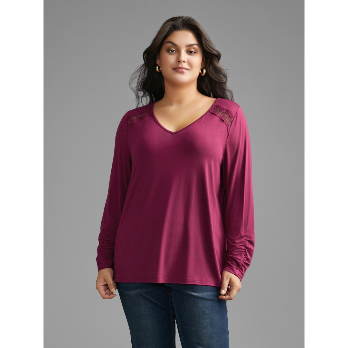 Plus Size Solid V Neck Lace Patchwork T-shirt RedViolet Women Elegant Woven ribbon&lace trim V-neck Everyday T-shirts BloomChic 30/6X Product Image