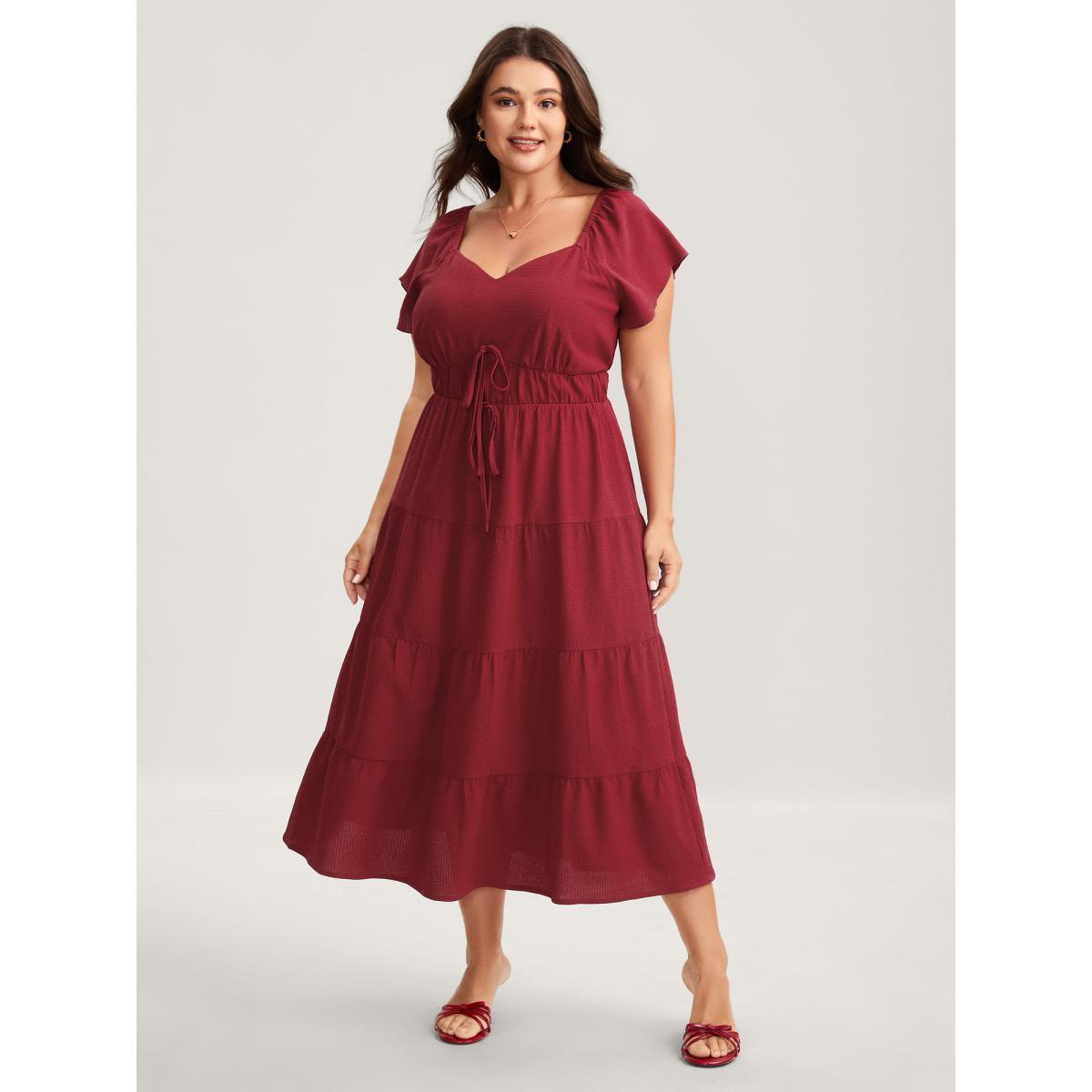 Plus Size Stretchy Waist Tiered Solid Midi Dress Burgundy Women Heart neckline Cap Sleeve Curvy BloomChic 22-24/3X Product Image