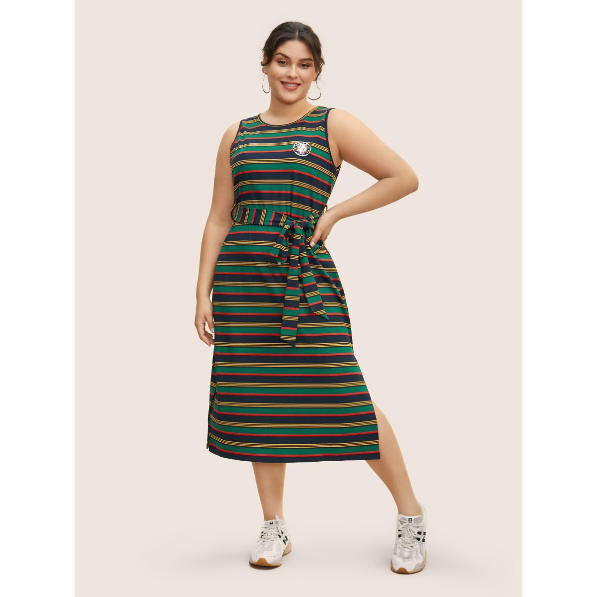 Plus Size Contrast Striped Embroidered Patch Split Side Dress Multicolor Women Casual Belted Round Neck Sleeveless Curvy BloomChic 22-24/3X Product Image