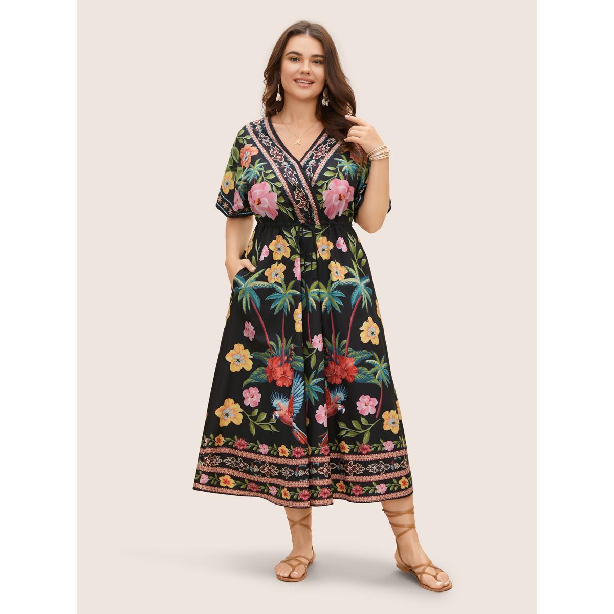 Plus Size Boho Print Overlap Collar Drawstring Dress Black Women Resort Drawstring Overlap Collar Short sleeve Curvy BloomChic 18-20/2X Product Image