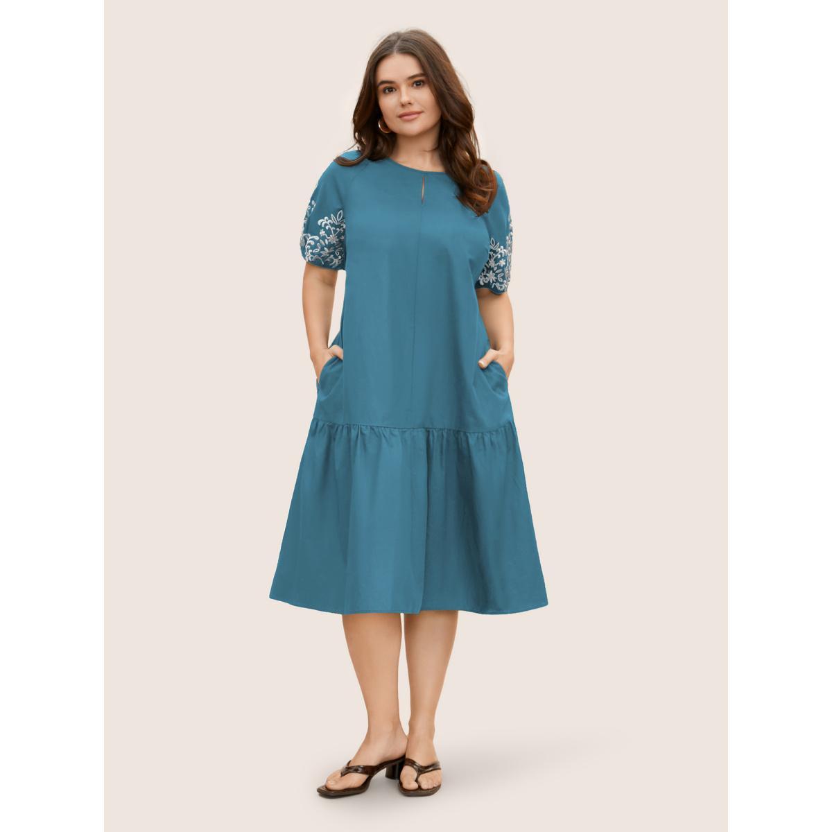 Plus Size Floral Embroidered Keyhole Lantern Sleeve Dress Cerulean Women Casual Gathered Round Neck Half Sleeve Curvy BloomChic 28/5X Product Image