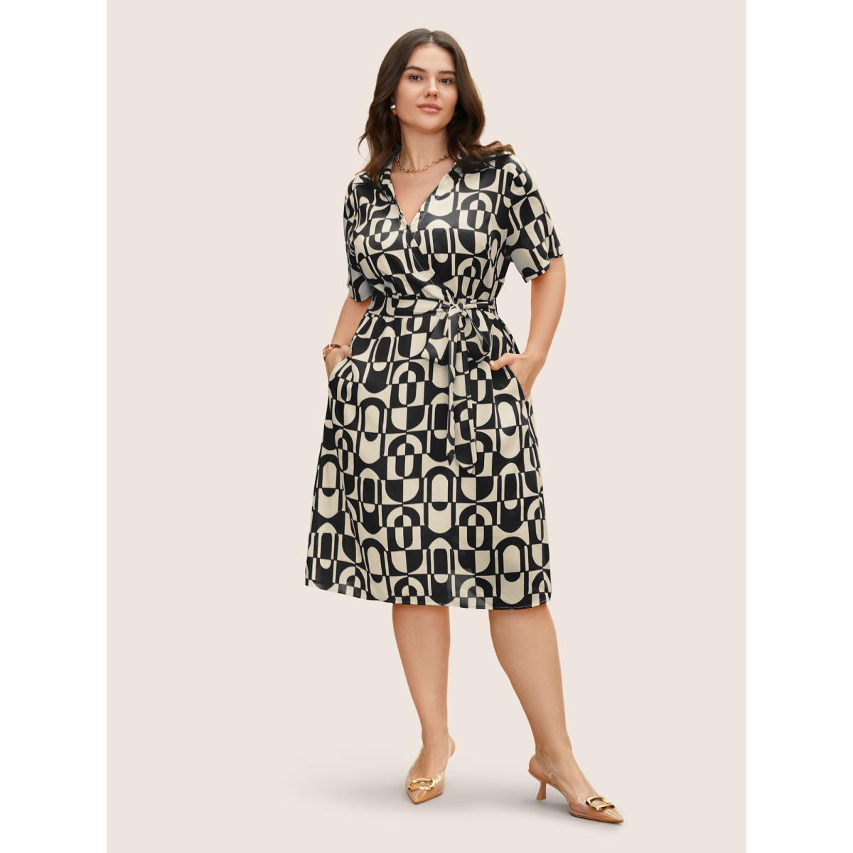 Plus Size Overlap Collar Geometric Belted Midi Dress Black Women At the Office Belted Overlap Collar Short sleeve Curvy BloomChic 26/4X Product Image