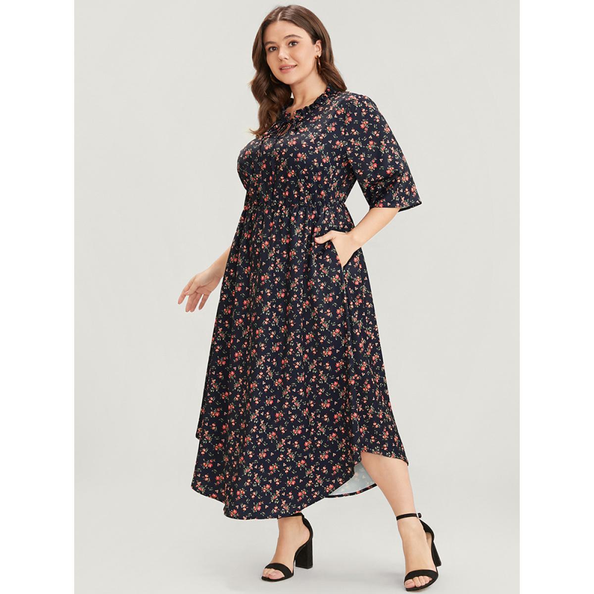 Plus Size Ditsy Floral Frill Trim Tie Neck Pocket Arc Hem Dress DarkBlue Women Elegant Cross straps Round Neck Half Sleeve Curvy Midi Dress BloomChic 22-24/3X Product Image
