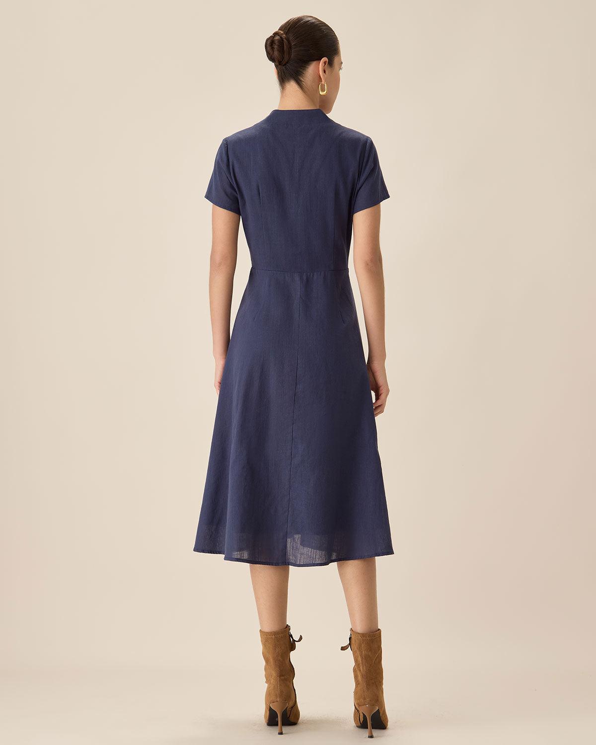 Navy Collared Button Midi Dress Product Image